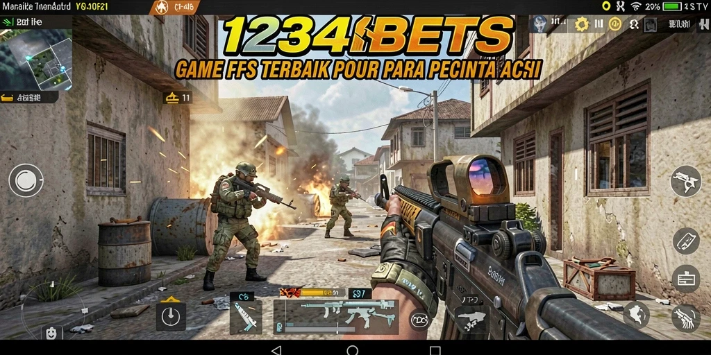 Tangkapan layar dari gameplay intens 1234BETS di medan perang FPS.
