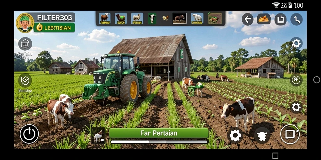 Screenshot utama FILTER303 menampilkan gameplay bertani yang seru dan interaktif.
