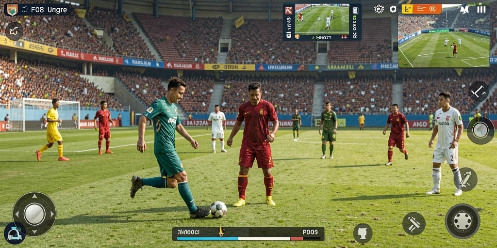 Tampilan gameplay FO8 yang intens dan menarik selama pertandingan sepak bola.