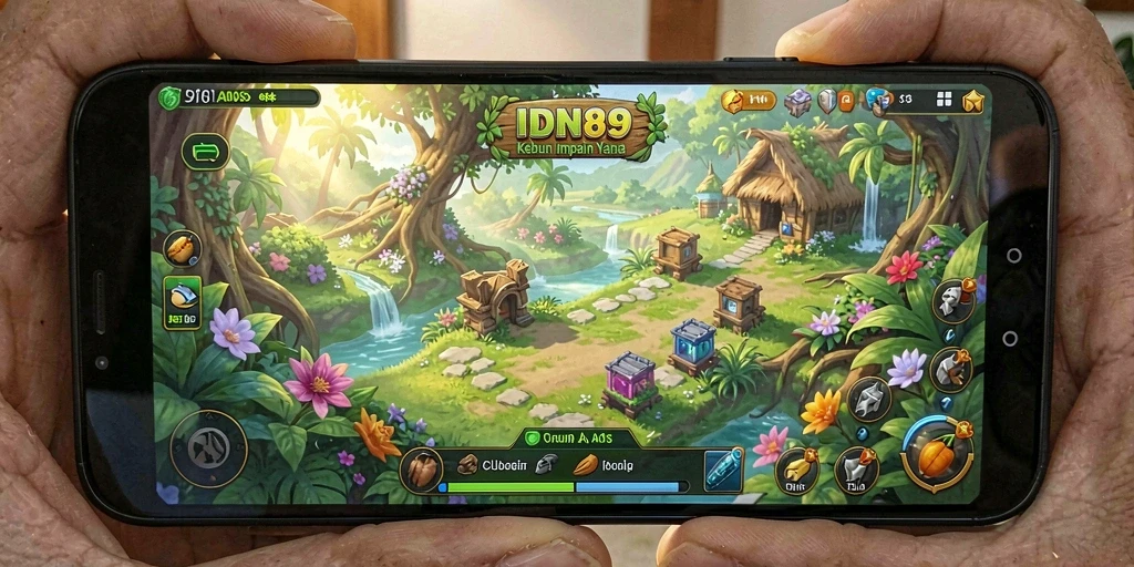 Screenshot utama IDN89 menampilkan kebun yang subur dan hewan ternak.