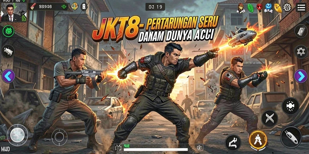 Screenshot gameplay JKT8 menampilkan aksi berani para karakter bertarung.