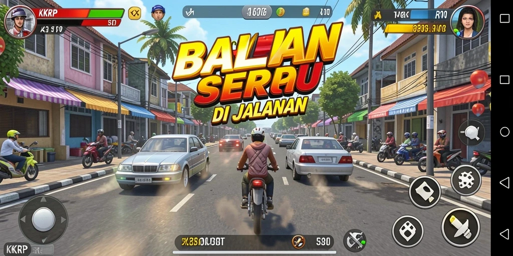 Tangkapan layar gameplay KKRP menampilkan aksi balapan seru di jalanan.