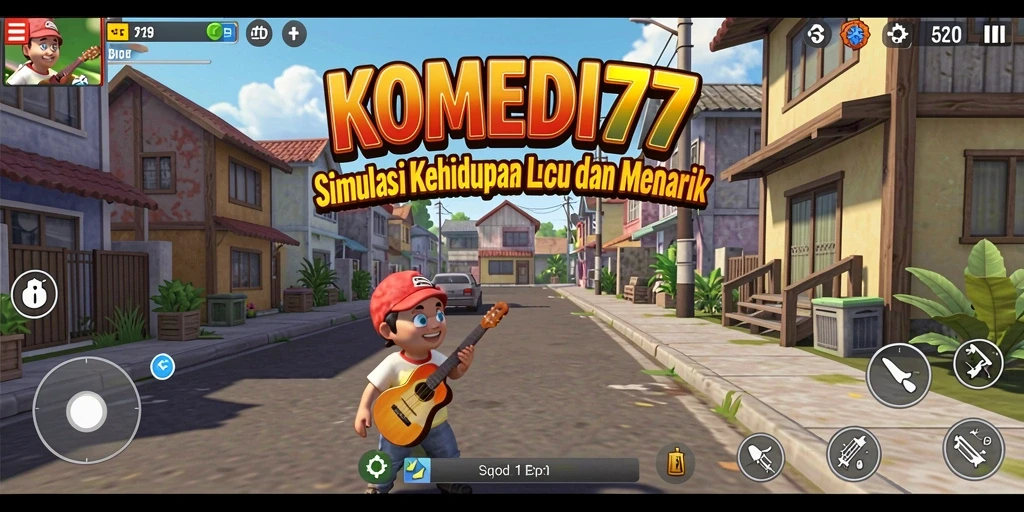 Tangkapan layar gameplay lucu dari KOMEDI77 yang menunjukkan interaksi karakter.