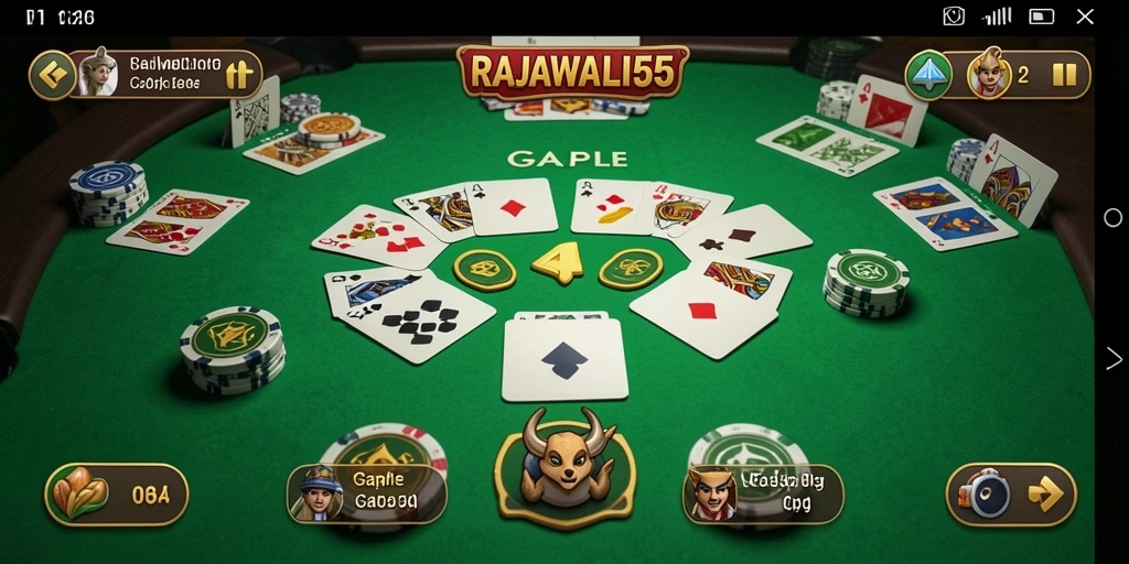 Tangkapan layar gameplay seru dari RAJAWALI55 yang menunjukkan pertarungan kartu Gaple.