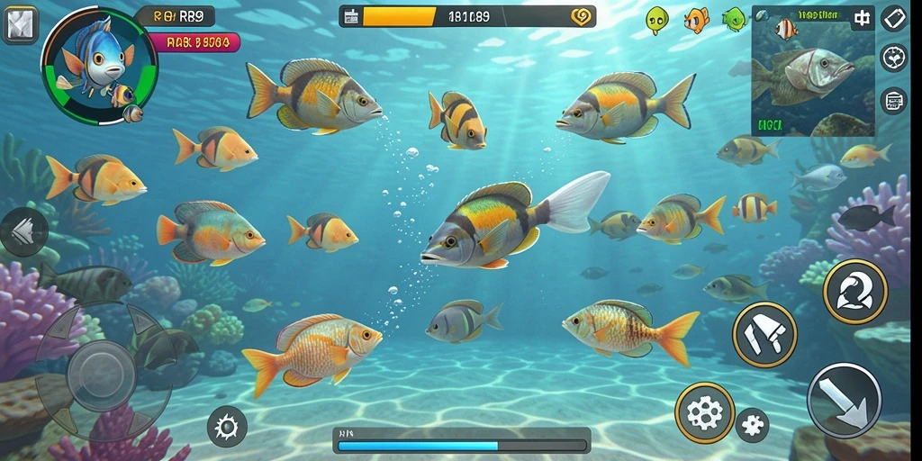 Screenshot gameplay RR89 menampilkan serunya menembak ikan di lautan.