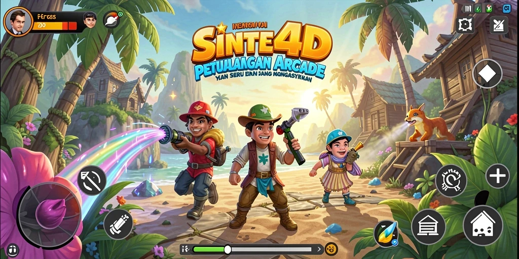 Tangkapan layar gameplay SINTE4D yang penuh warna dan dinamis.