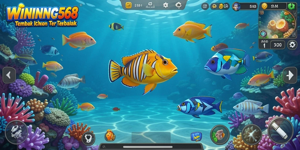 Tampilan gameplay seru dengan aksi tembak ikan yang mendebarkan.